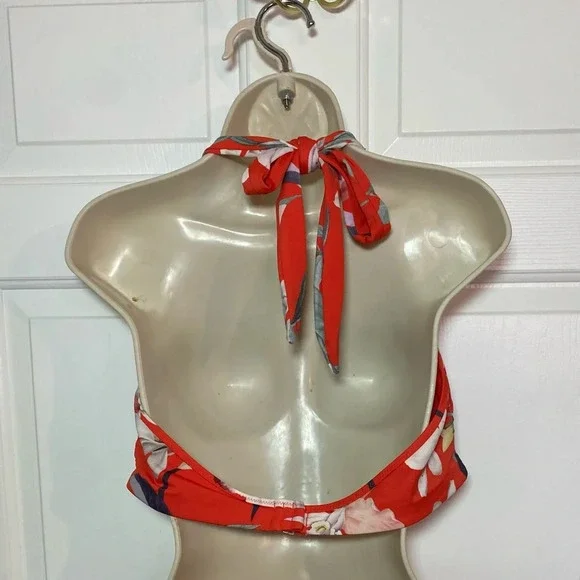 Athleta Orange Waimea Plunge Bikini Top Tie Neck Tropical Floral Print Large - Picture 4 of 6
